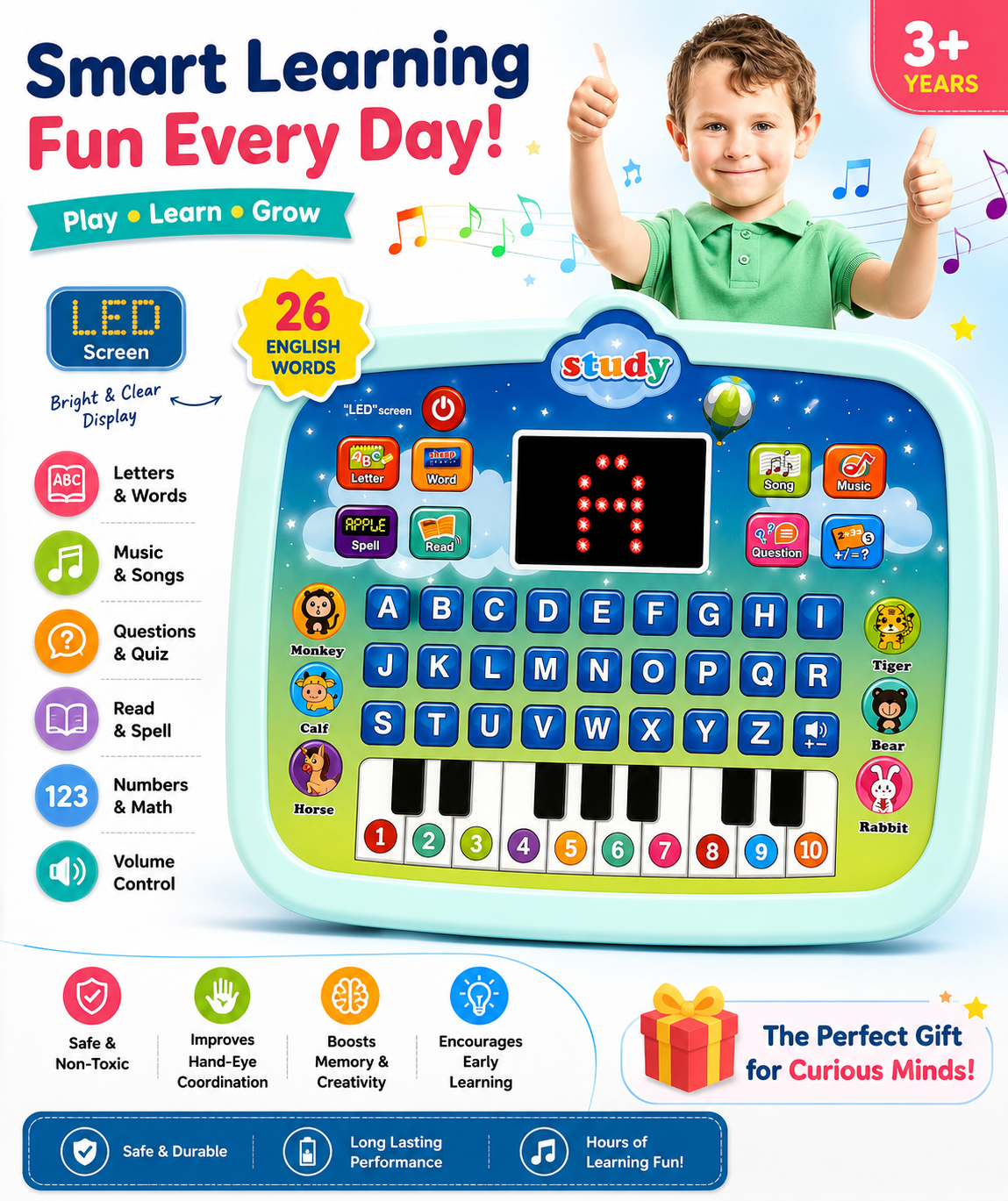 Kids Educational Computer Toy with LED Screen – ABC, 123, Music, Piano & Learning Games