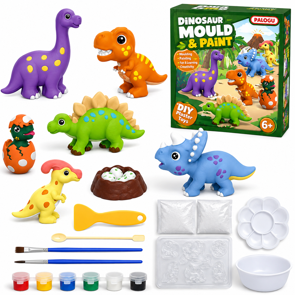 PALOGU Dinosaur Mould & Paint Kit – DIY Plaster Toys for Kids Ages 6+ | 6 Dinosaurs + Magnets
