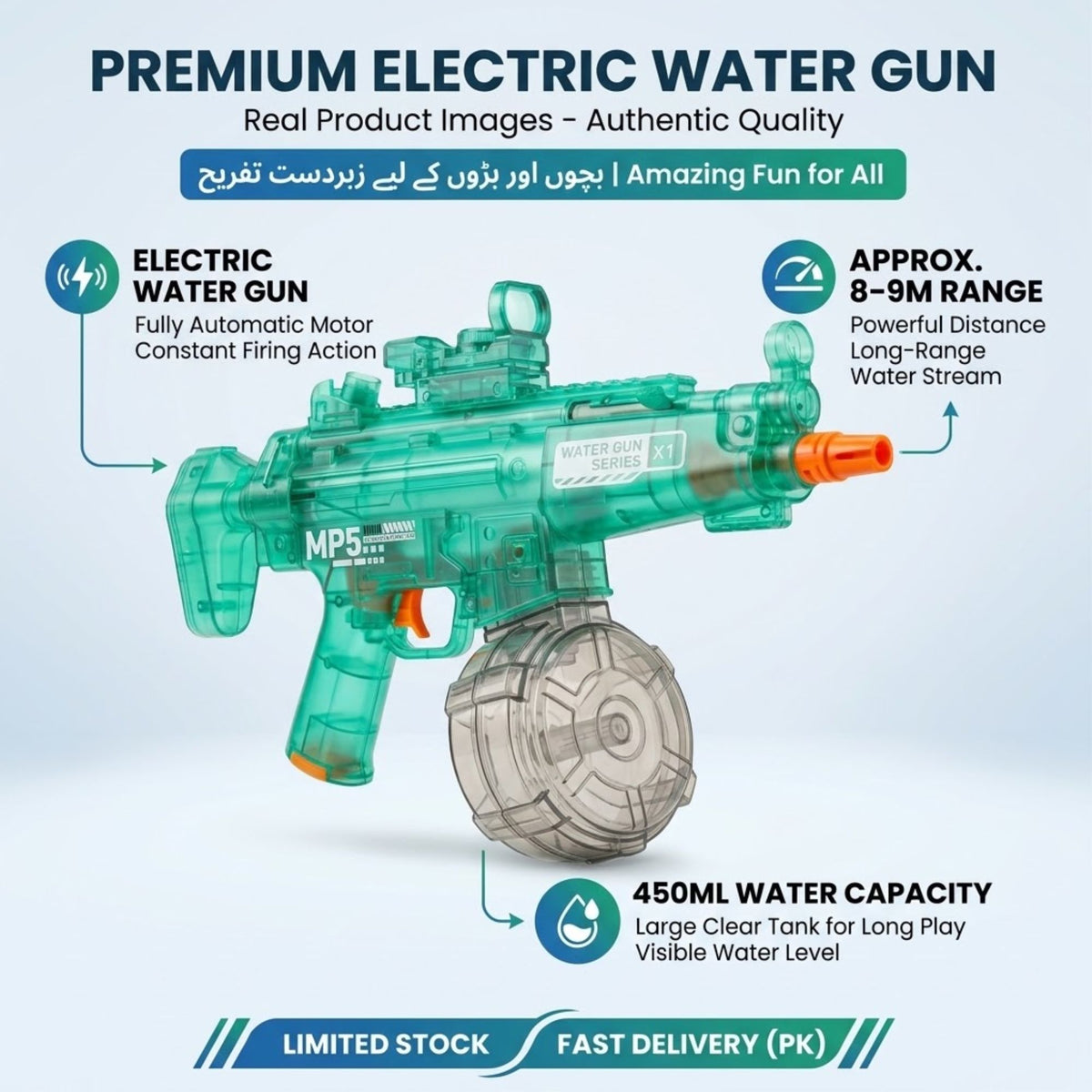 Electric Water Gun MP5 | 450ml Automatic Rechargeable Water Blaster