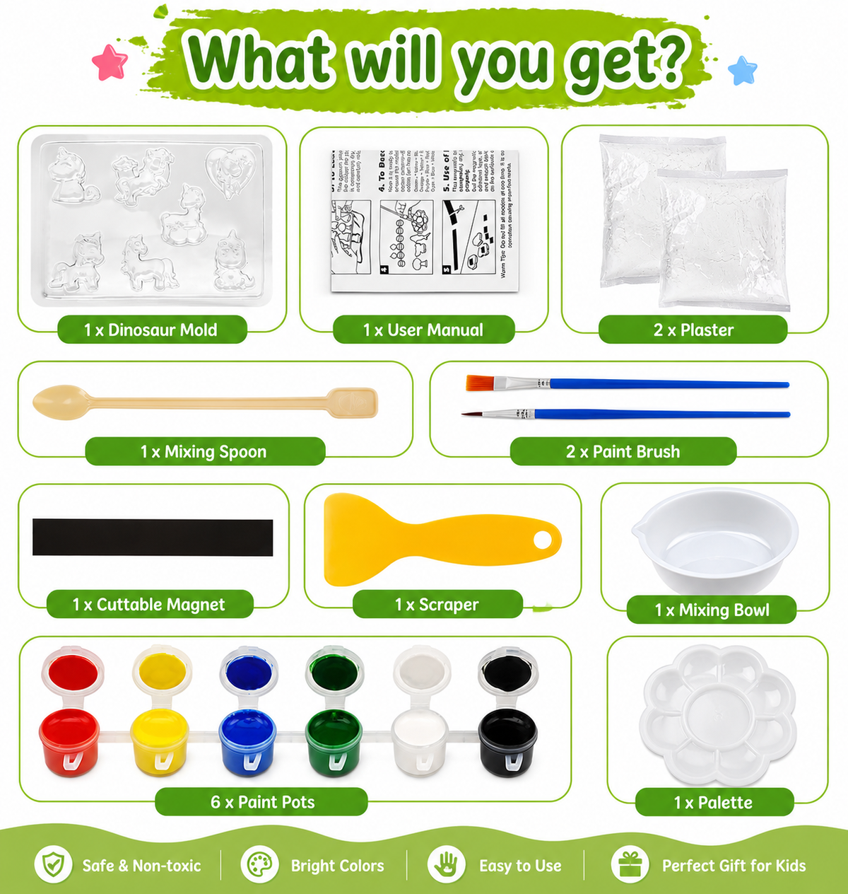 PALOGU Dinosaur Mould & Paint Kit – DIY Plaster Toys for Kids Ages 6+ | 6 Dinosaurs + Magnets