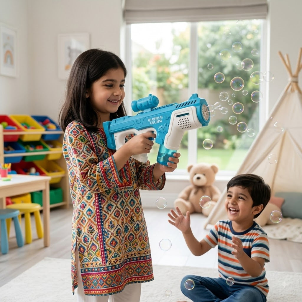 Electric Bubble Gun – Automatic Bubble Blaster for Kids (Blue & White)