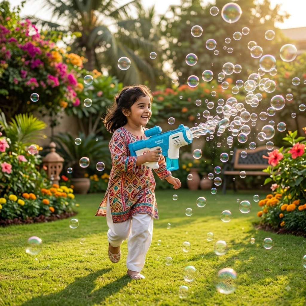 Electric Bubble Gun – Automatic Bubble Blaster for Kids (Blue & White)