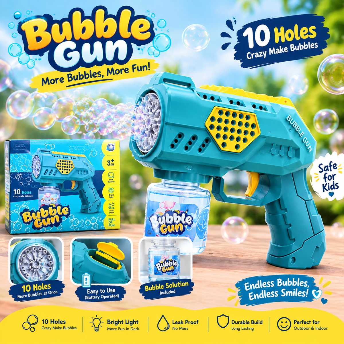 10 Holes Bubble Gun Toy with Light for Kids | Bubble Blower Gun