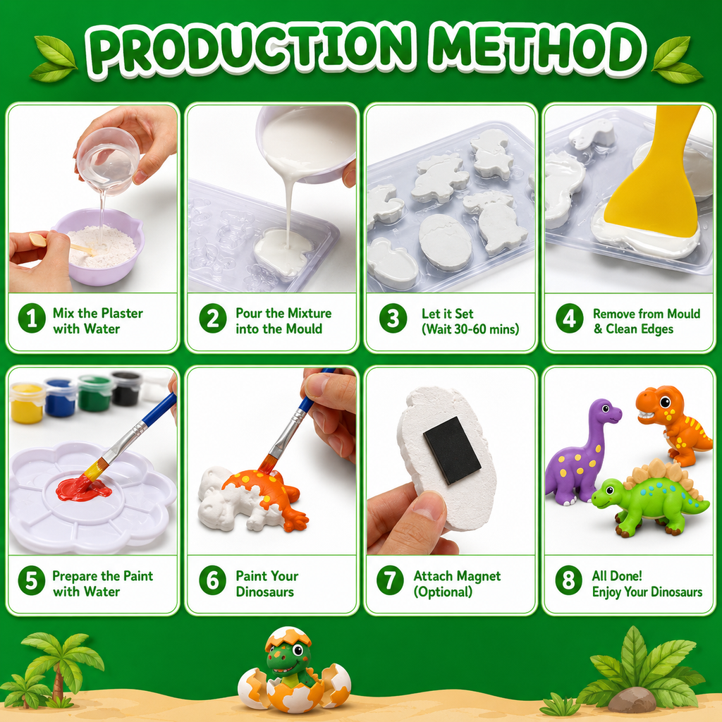 PALOGU Dinosaur Mould & Paint Kit – DIY Plaster Toys for Kids Ages 6+ | 6 Dinosaurs + Magnets