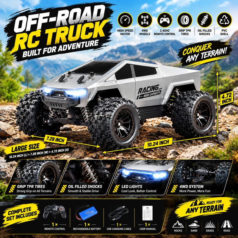 RC Racing Off-Road Truck 4WD – 2.4GHz High-Speed Remote Control Car with LED Lights & Oil-Filled Shocks
