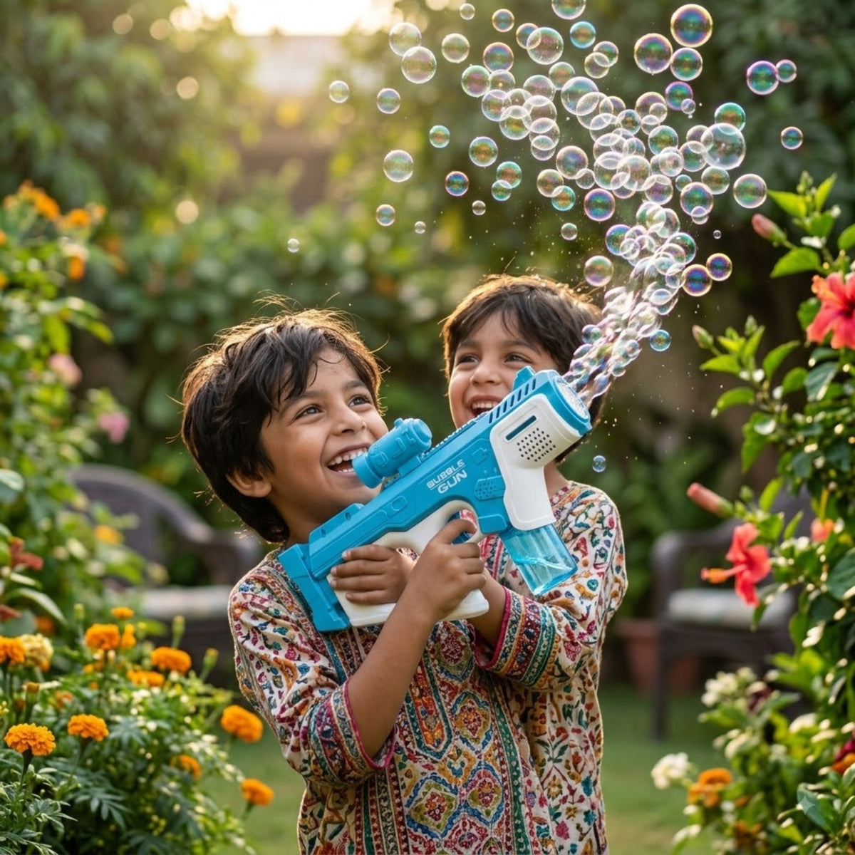 Electric Bubble Gun – Automatic Bubble Blaster for Kids (Blue & White)