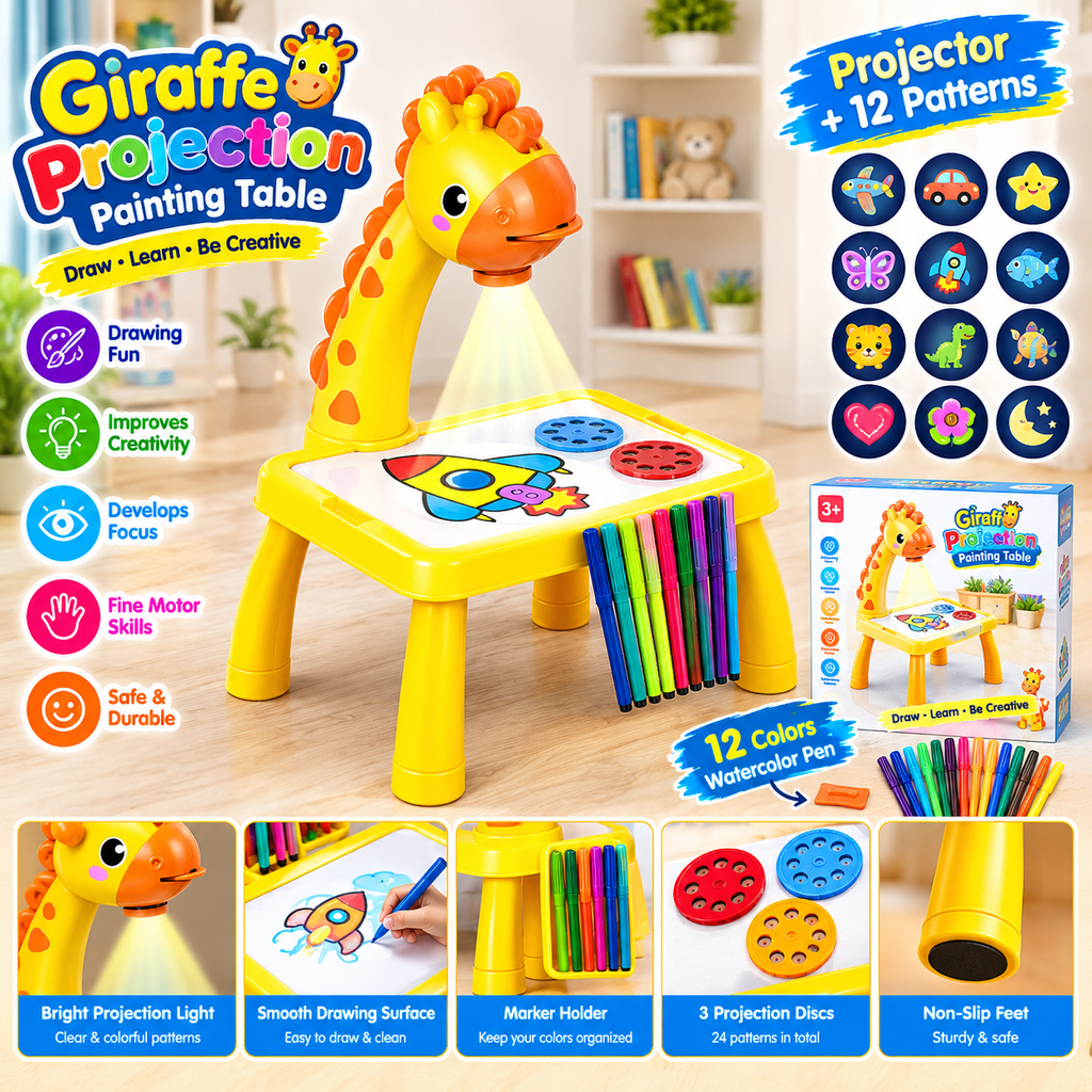 Giraffe Projection Painting Table for Kids – Drawing Projector with 12 Color Pens & 24 Patterns