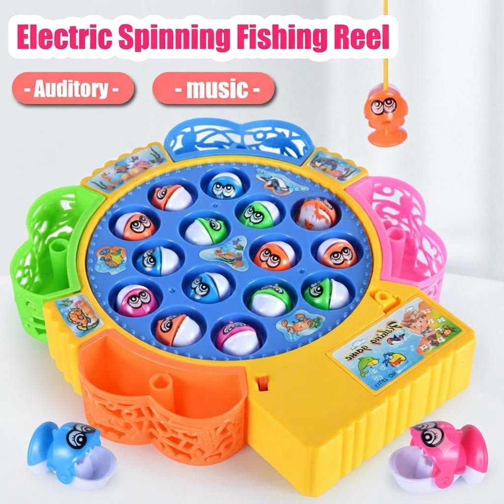 Rotating Fishing Game Toy for Kids – Electronic Musical Fish Catching Board with 16 Fish & Poles | Battery Operated Family Game