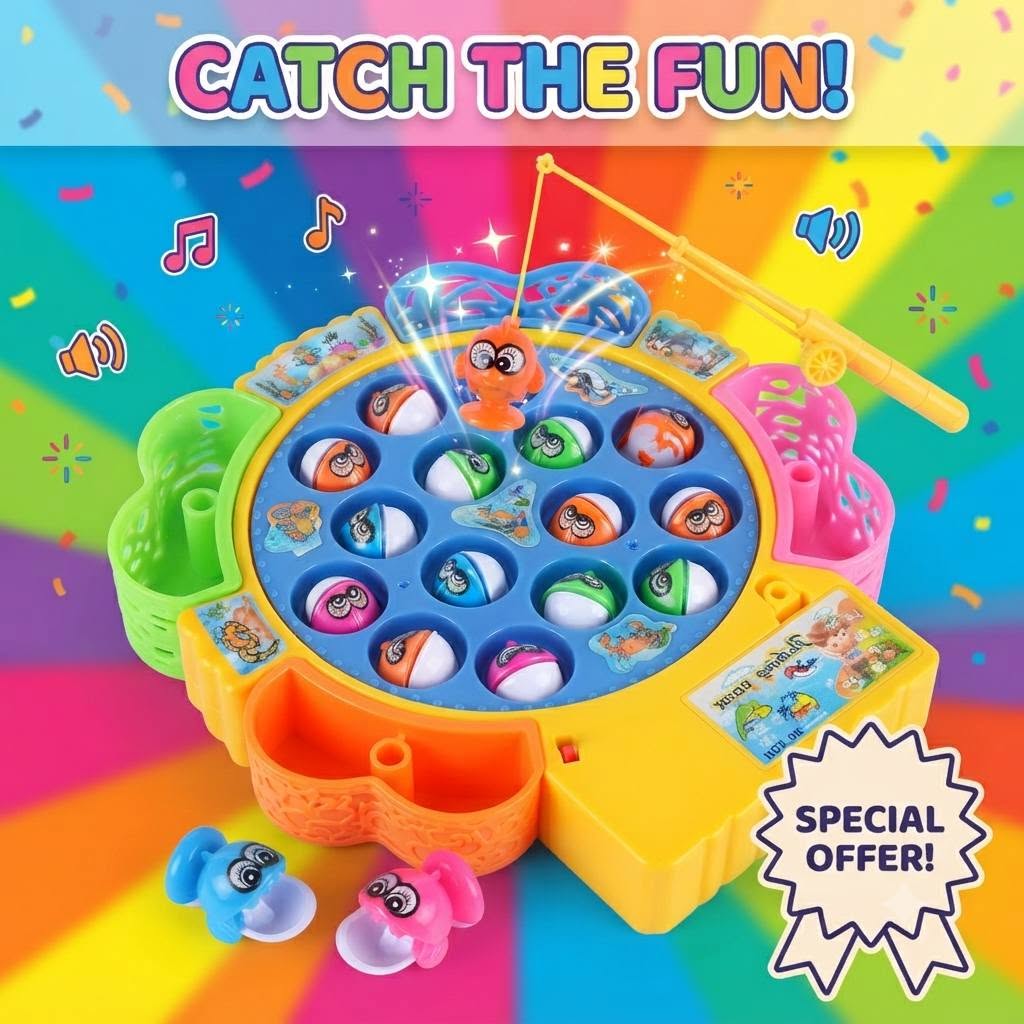 Rotating Fishing Game Toy for Kids – Electronic Musical Fish Catching Board with 16 Fish & Poles | Battery Operated Family Game