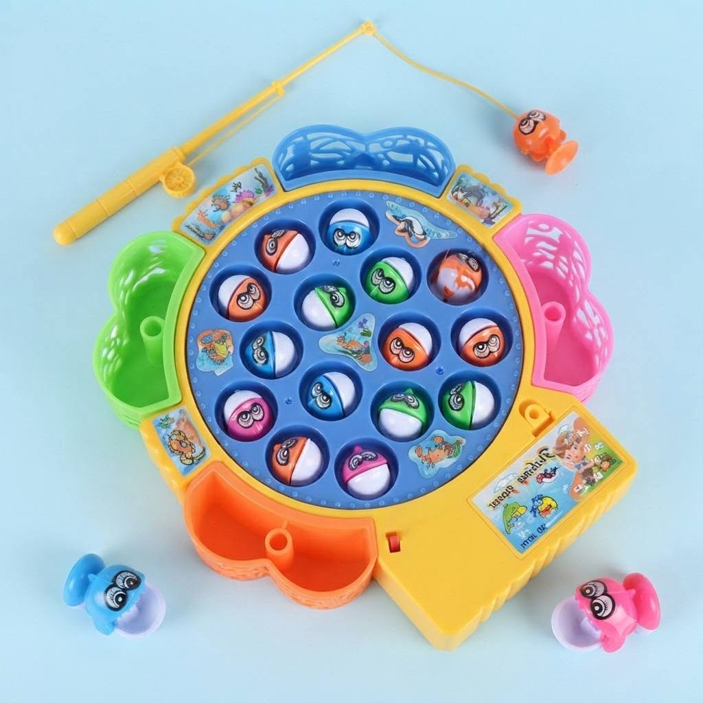 Rotating Fishing Game Toy for Kids – Electronic Musical Fish Catching Board with 16 Fish & Poles | Battery Operated Family Game