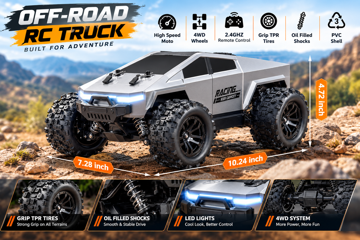 RC Racing Off-Road Truck 4WD – 2.4GHz High-Speed Remote Control Car with LED Lights & Oil-Filled Shocks