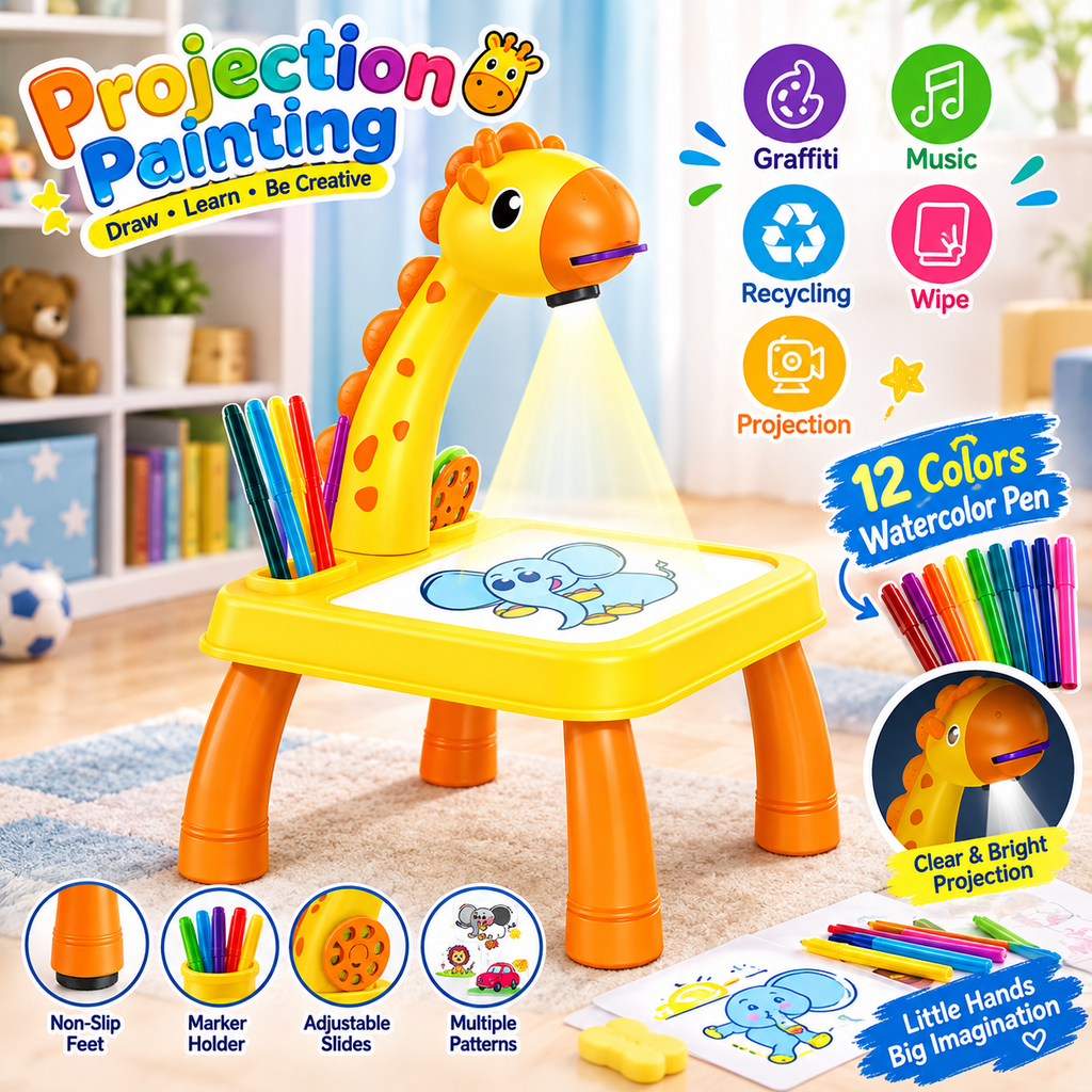 Giraffe Projection Painting Table for Kids – Drawing Projector with 12 Color Pens & 24 Patterns