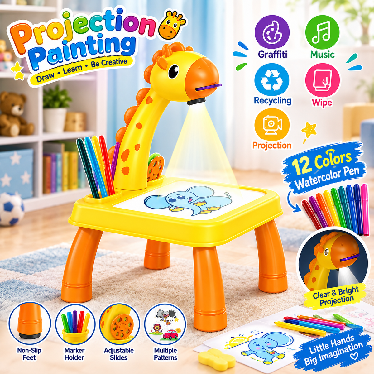 Giraffe Projection Painting Table for Kids – Drawing Projector with 12 Color Pens & 24 Patterns