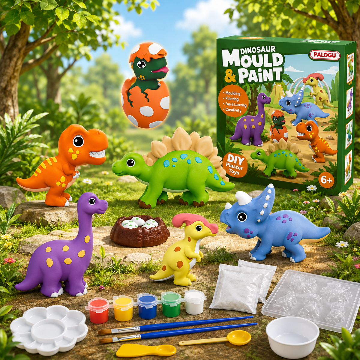 PALOGU Dinosaur Mould & Paint Kit – DIY Plaster Toys for Kids Ages 6+ | 6 Dinosaurs + Magnets