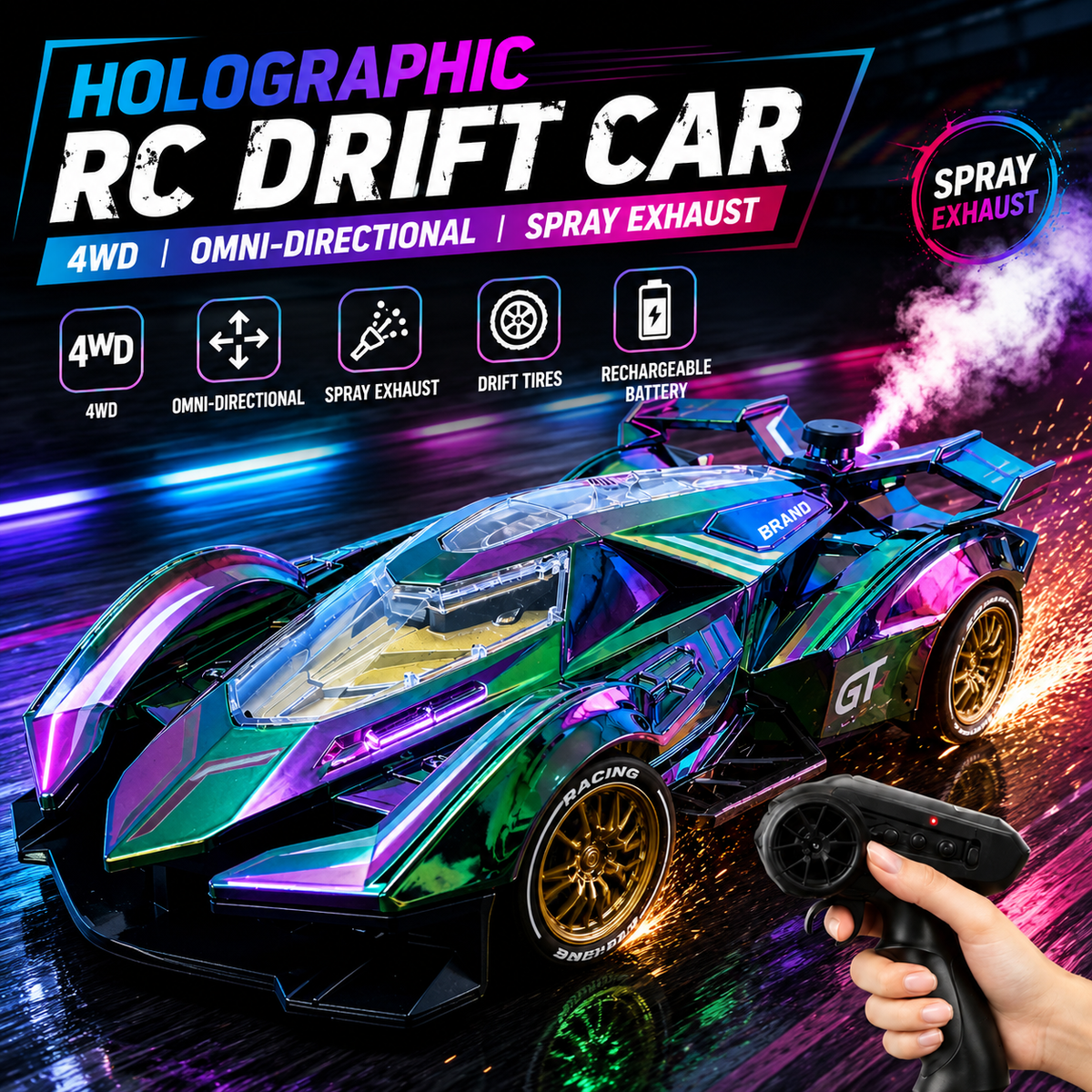 Holographic RC Drift Car – 4WD Remote Control Racing Car with LED Lights, Spray Effect & Drift Tires