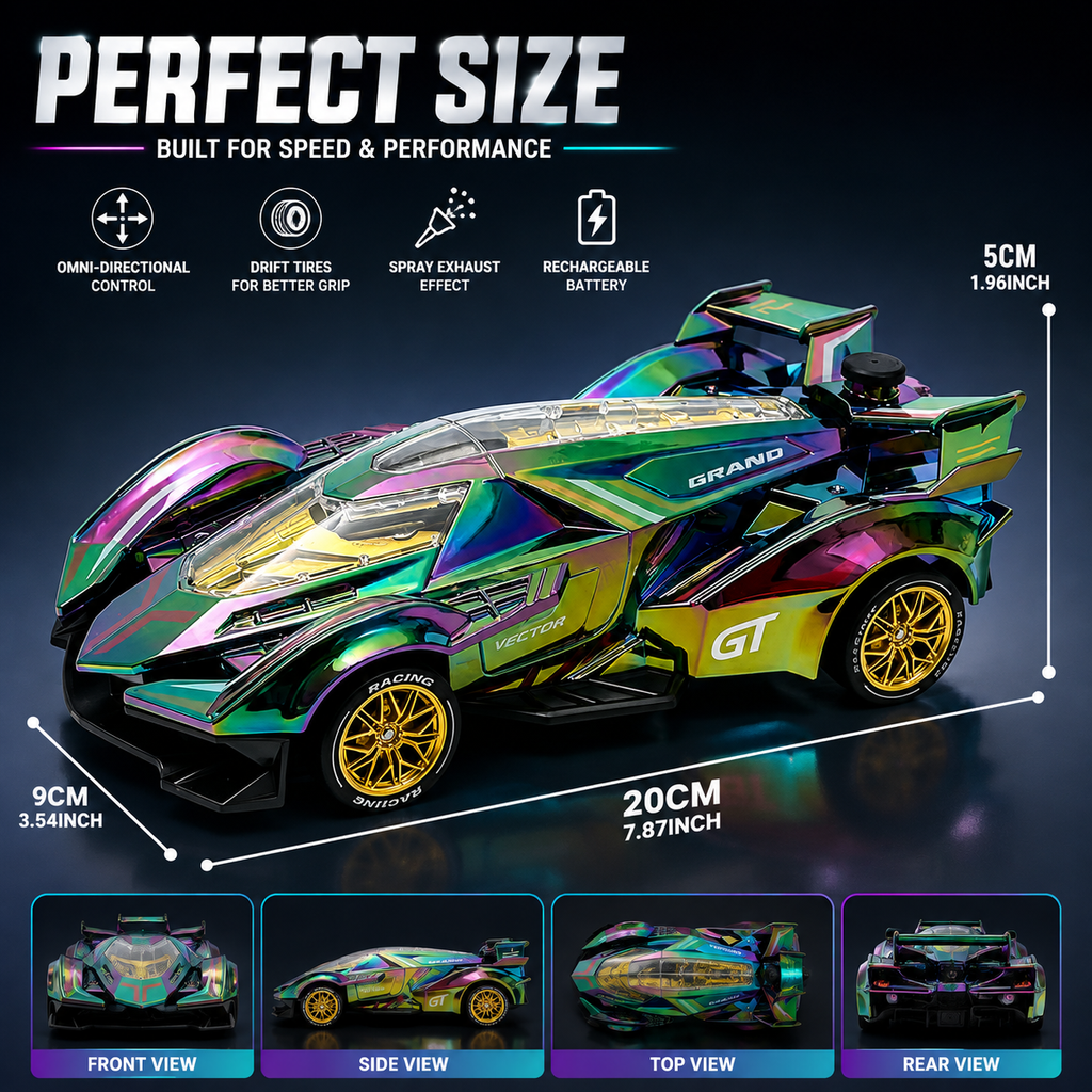 Holographic RC Drift Car – 4WD Remote Control Racing Car with LED Lights, Spray Effect & Drift Tires