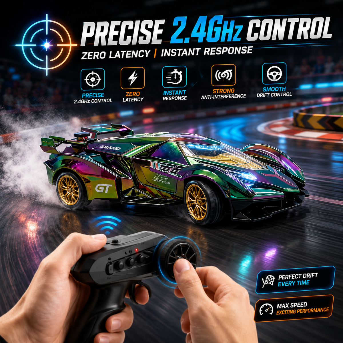 Holographic RC Drift Car – 4WD Remote Control Racing Car with LED Lights, Spray Effect & Drift Tires