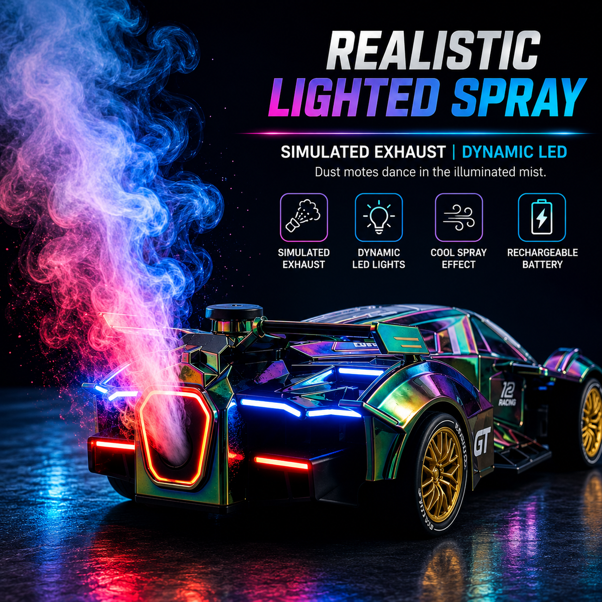 Holographic RC Drift Car – 4WD Remote Control Racing Car with LED Lights, Spray Effect & Drift Tires
