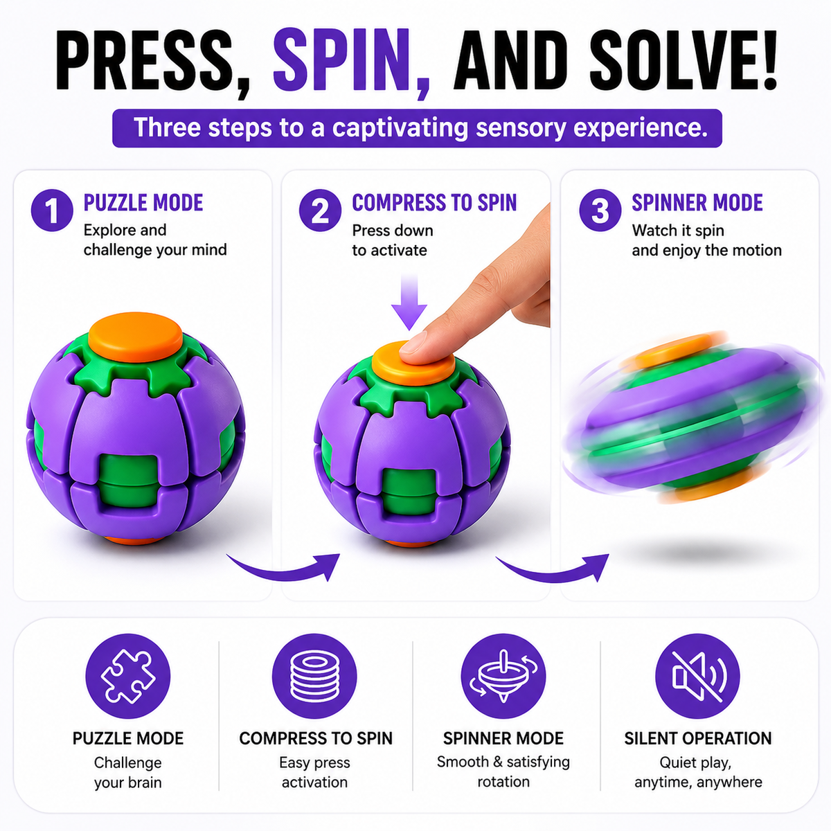 360° Press & Spin Fidget Ball – Stress Relief Desk Toy