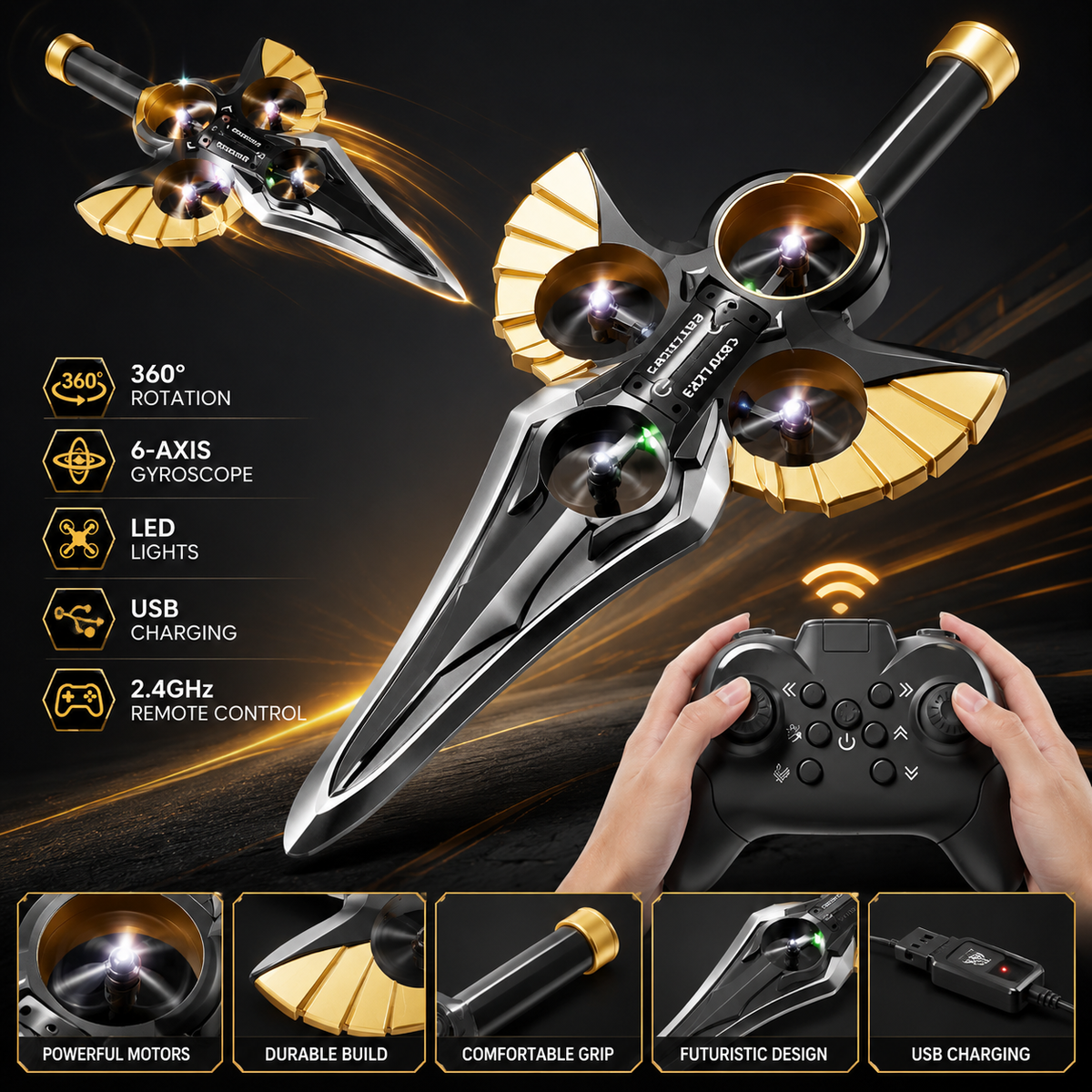 360° Stunt Flying Sword Drone for Kids | 2.4GHz RC Mini Drone with 6-Axis Gyroscope & LED Lights – Black Gold