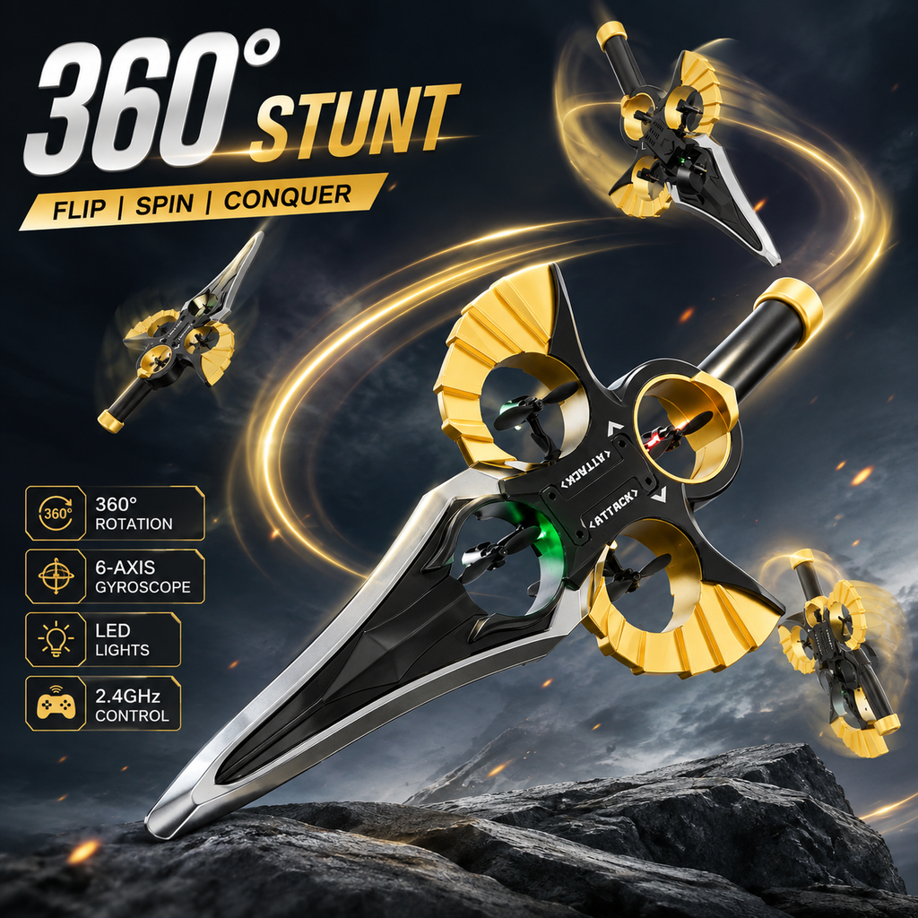 360° Stunt Flying Sword Drone for Kids | 2.4GHz RC Mini Drone with 6-Axis Gyroscope & LED Lights – Black Gold