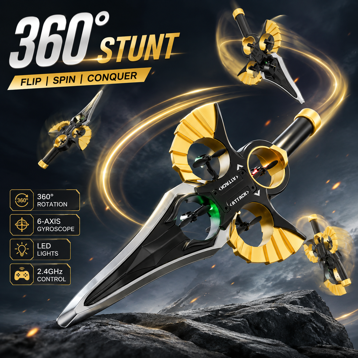 360° Stunt Flying Sword Drone for Kids | 2.4GHz RC Mini Drone with 6-Axis Gyroscope & LED Lights – Black Gold
