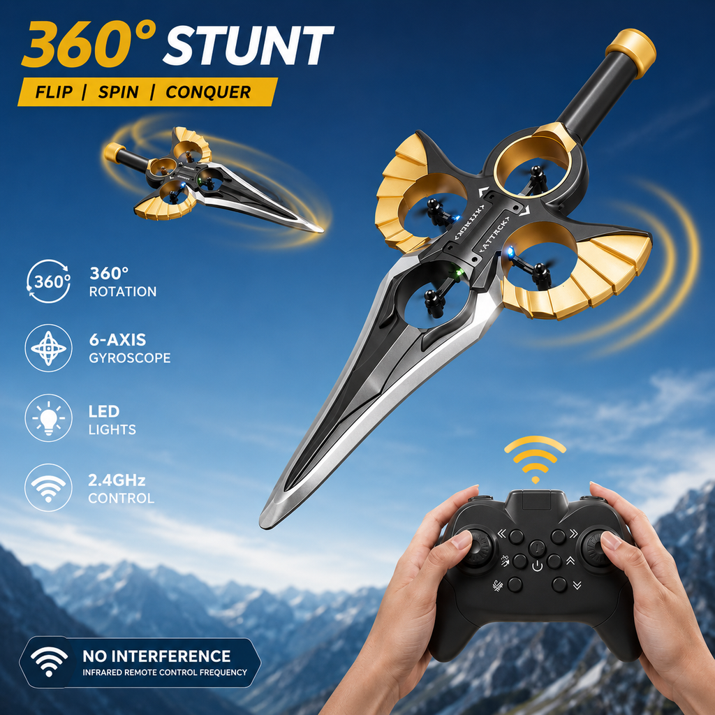 360° Stunt Flying Sword Drone for Kids | 2.4GHz RC Mini Drone with 6-Axis Gyroscope & LED Lights – Black Gold