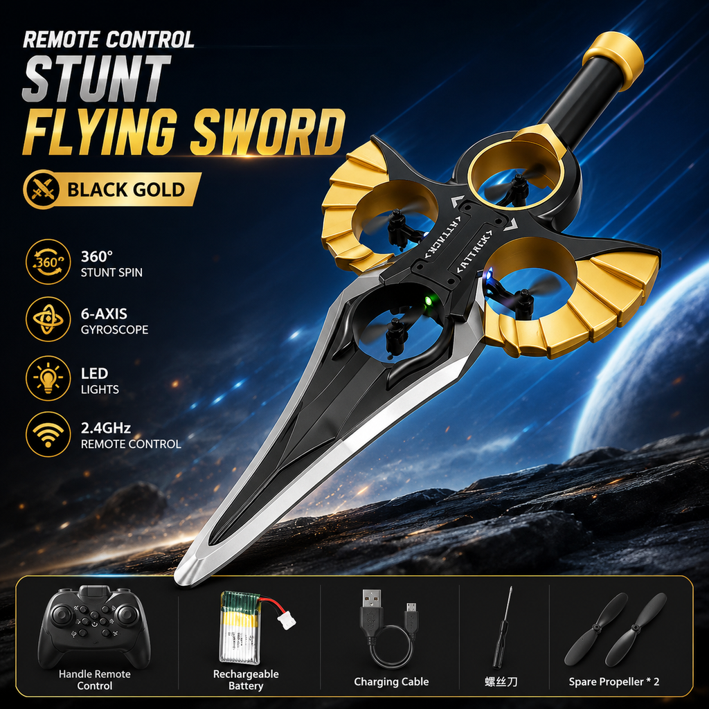 360° Stunt Flying Sword Drone for Kids | 2.4GHz RC Mini Drone with 6-Axis Gyroscope & LED Lights – Black Gold