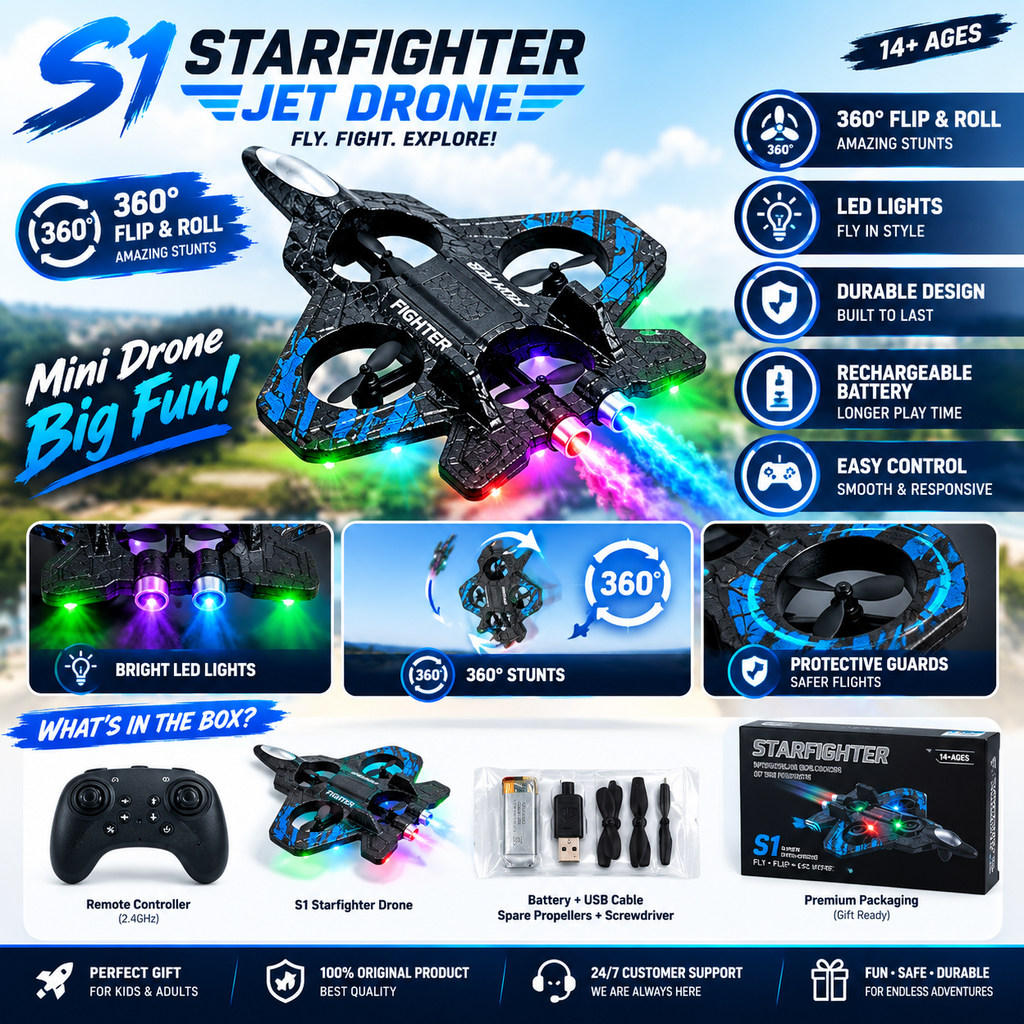 S1 Interstellar Fighter Plane RC Drone with LED Lights & 360° Stunts | Ages 14+