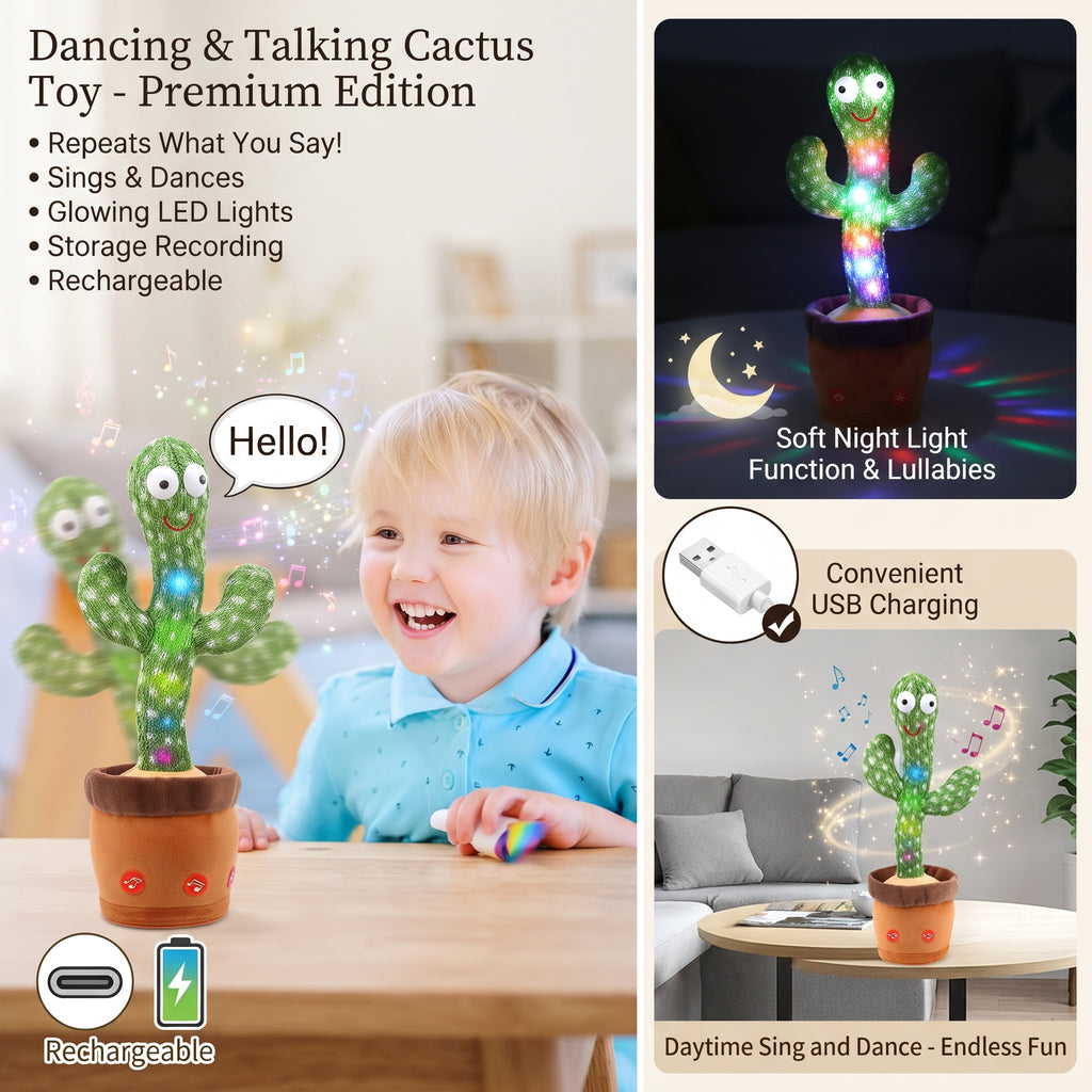 Interactive Dancing & Talking Plush Cactus Toy with Music & LED Lights