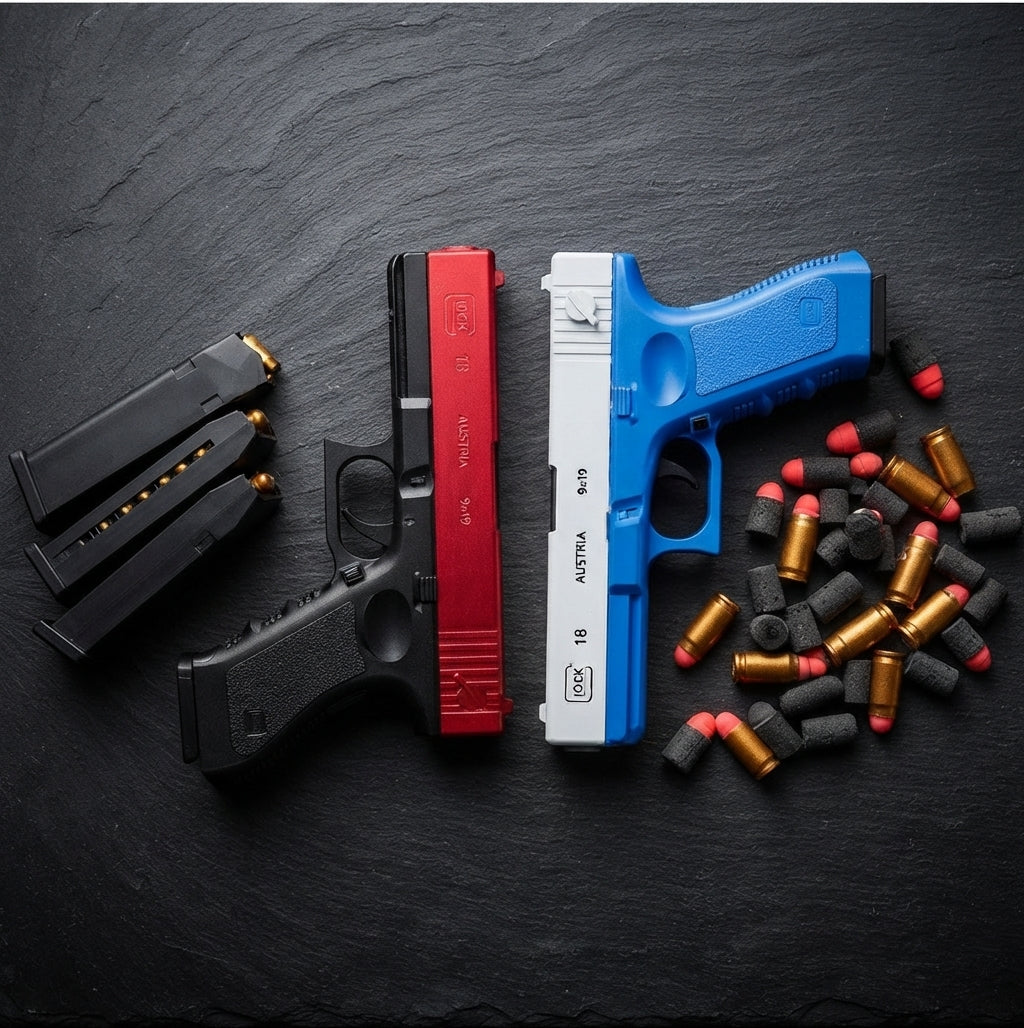 Realistic Glock 18 Style Soft Dart Blaster Toy Pistol (Red/Black & Blue/Silver) – Foam Dart Gun with Magazines