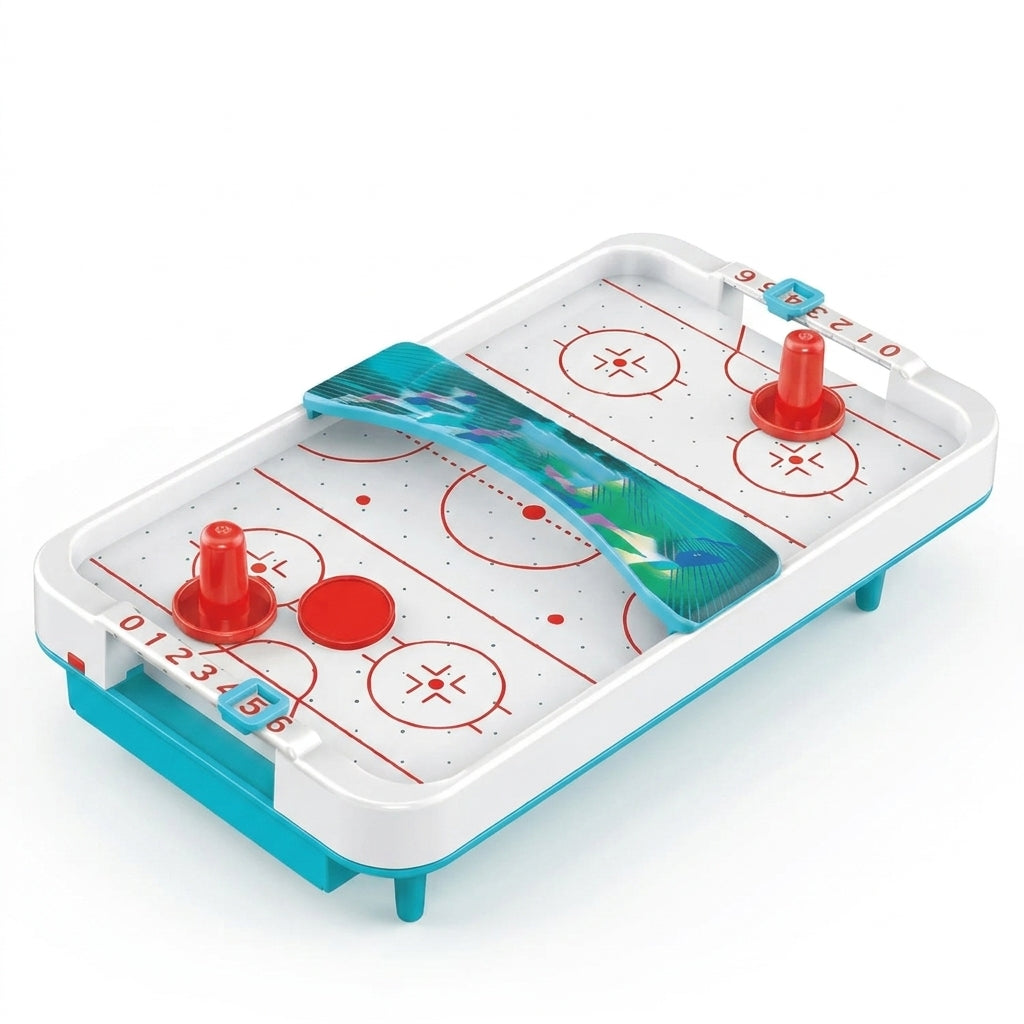Tabletop Mini Air Hockey Game – Compact 2-Player Portable Hockey Table with Score Trackers, Red Pushers & Pucks