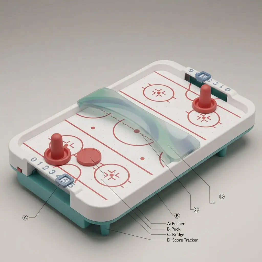 Tabletop Mini Air Hockey Game – Compact 2-Player Portable Hockey Table with Score Trackers, Red Pushers & Pucks