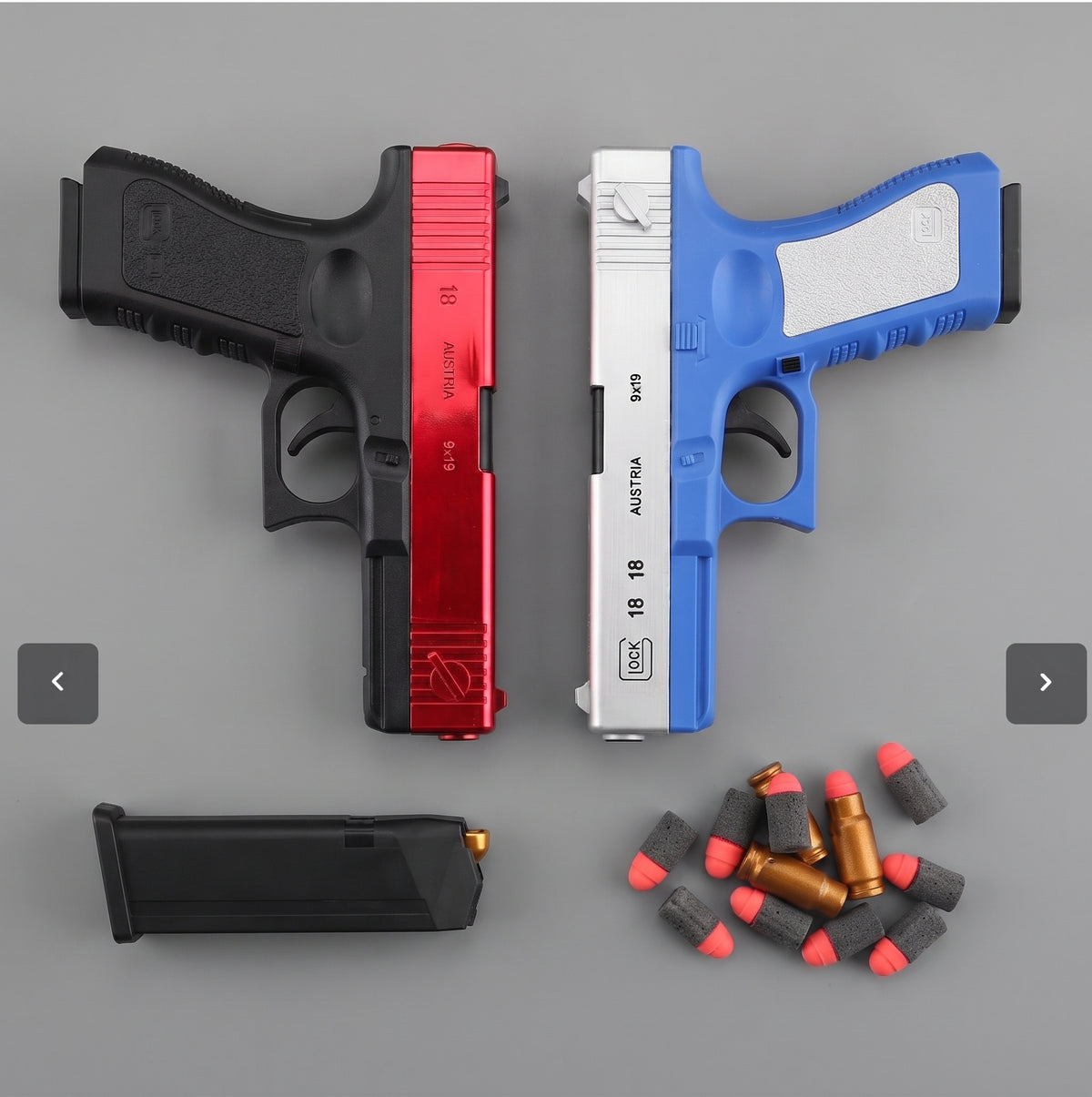Realistic Glock 18 Style Soft Dart Blaster Toy Pistol (Red/Black & Blue/Silver) – Foam Dart Gun with Magazines
