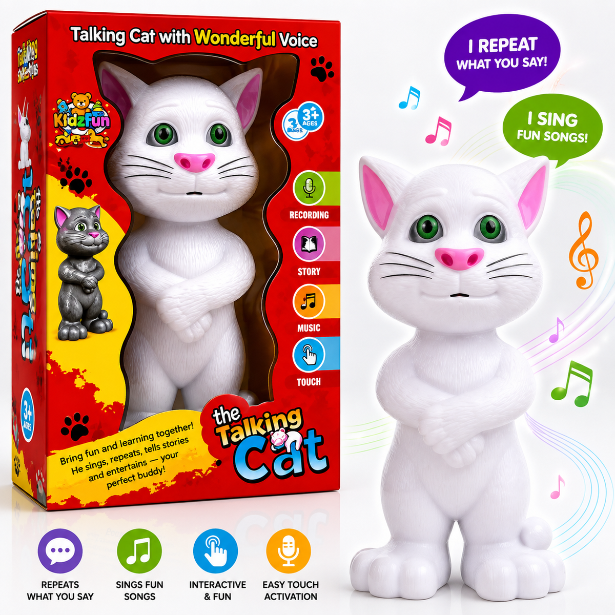 Talking Tom Cat Interactive Toy for Kids – Repeats What You Say, Sings Songs & Touch Activated