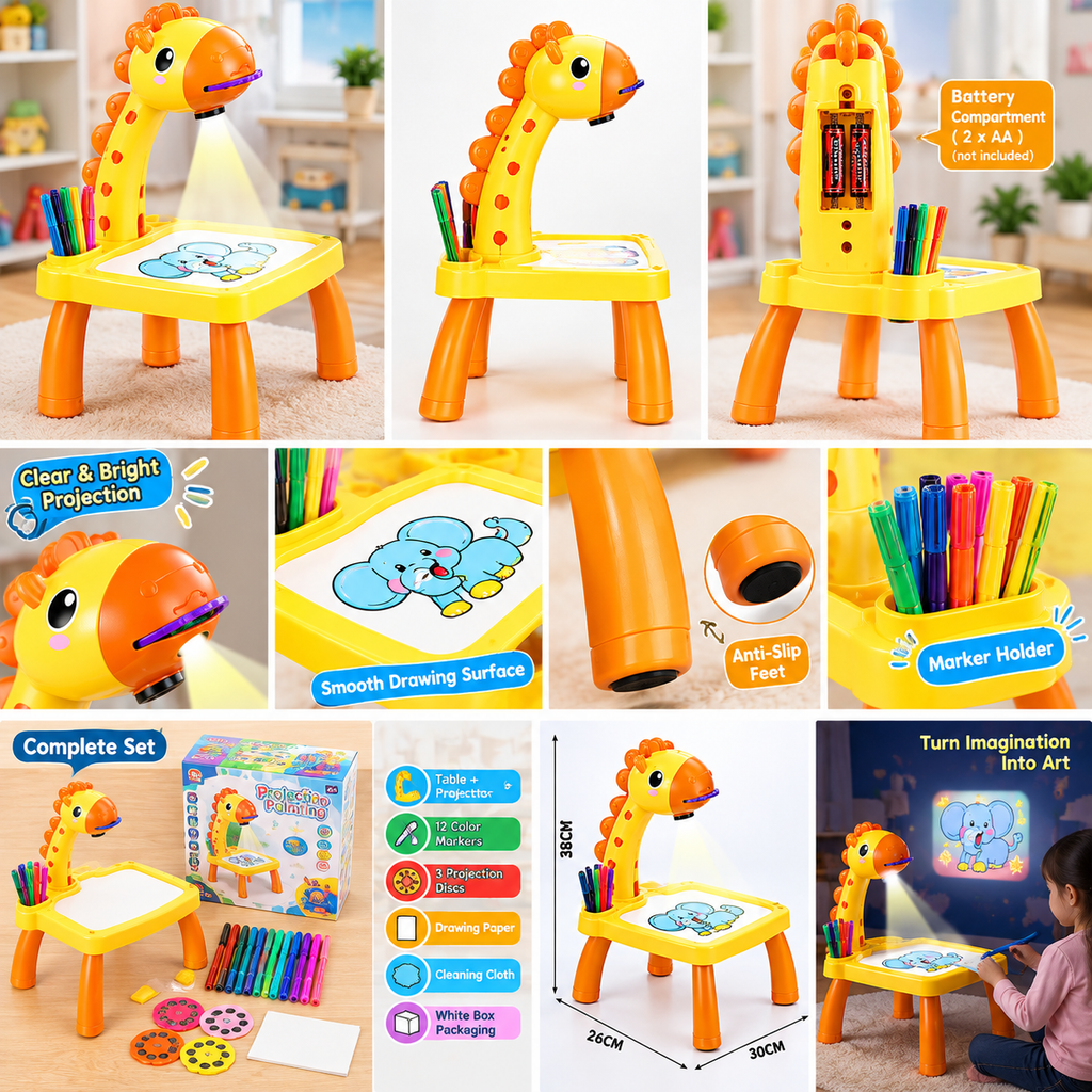 Giraffe Projection Painting Table for Kids – Drawing Projector with 12 Color Pens & 24 Patterns