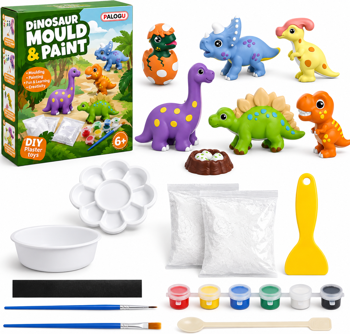 PALOGU Dinosaur Mould & Paint Kit – DIY Plaster Toys for Kids Ages 6+ | 6 Dinosaurs + Magnets