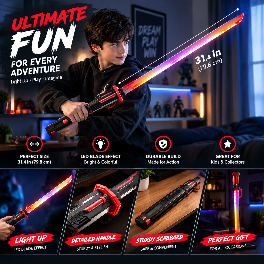 Spark Sword 31.4"  LED Light-Up Katana with Mist Effect, Motion-Activated Sound, RGB Blade & Spare Flint.
