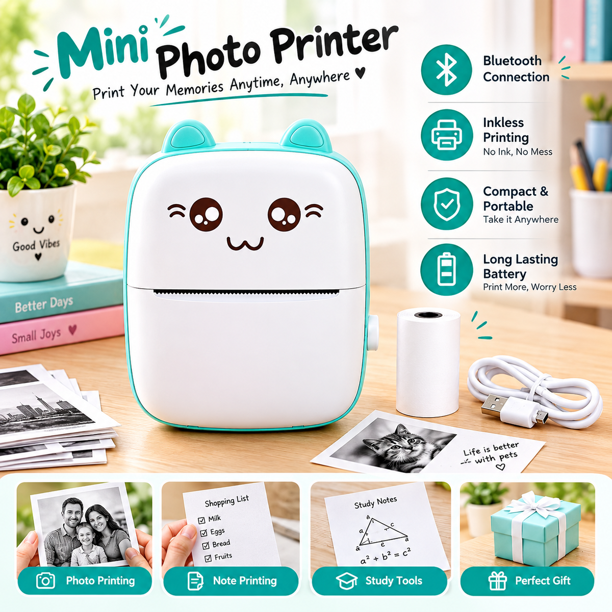 Mini Portable Thermal Printer – Bluetooth Wireless Pocket Printer for Notes, Photos & To-Do Lists