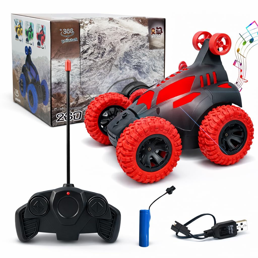 360° Rotating RC Stunt Car for Kids | 4WD Remote Control Flip Car with Rechargeable Battery – Red