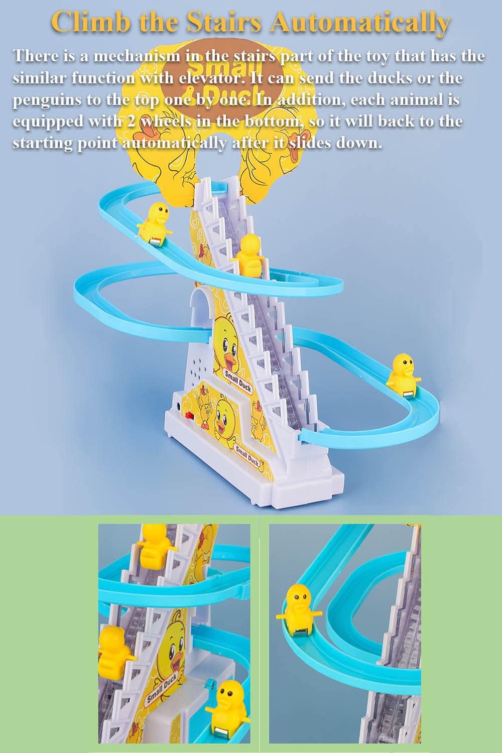 Small Duck Electric Climbing Stairs Toy – Musical Escalator Toy with Track, Lights & Sound | Battery Operated Kids Toy