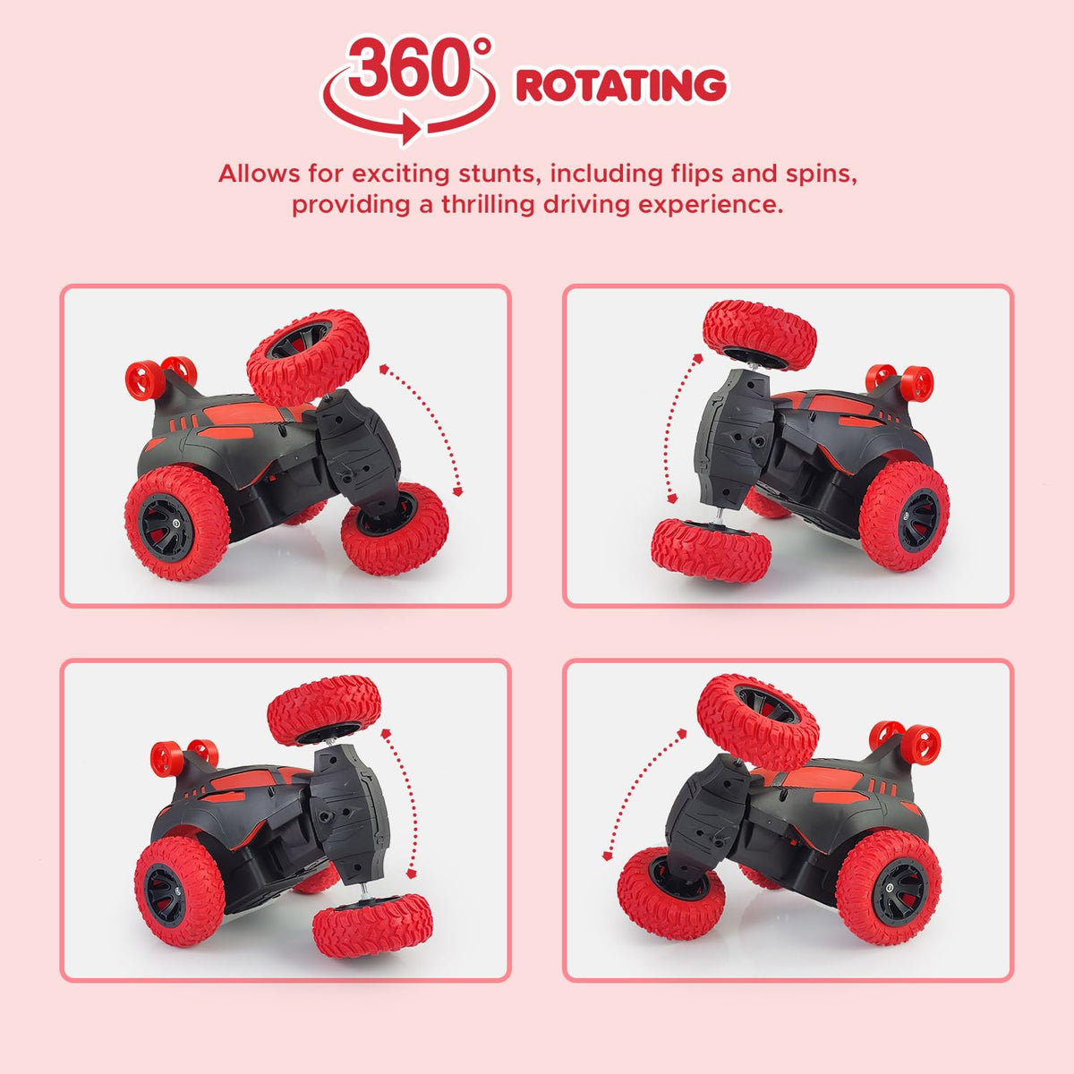 360° Rotating RC Stunt Car for Kids | 4WD Remote Control Flip Car with Rechargeable Battery – Red