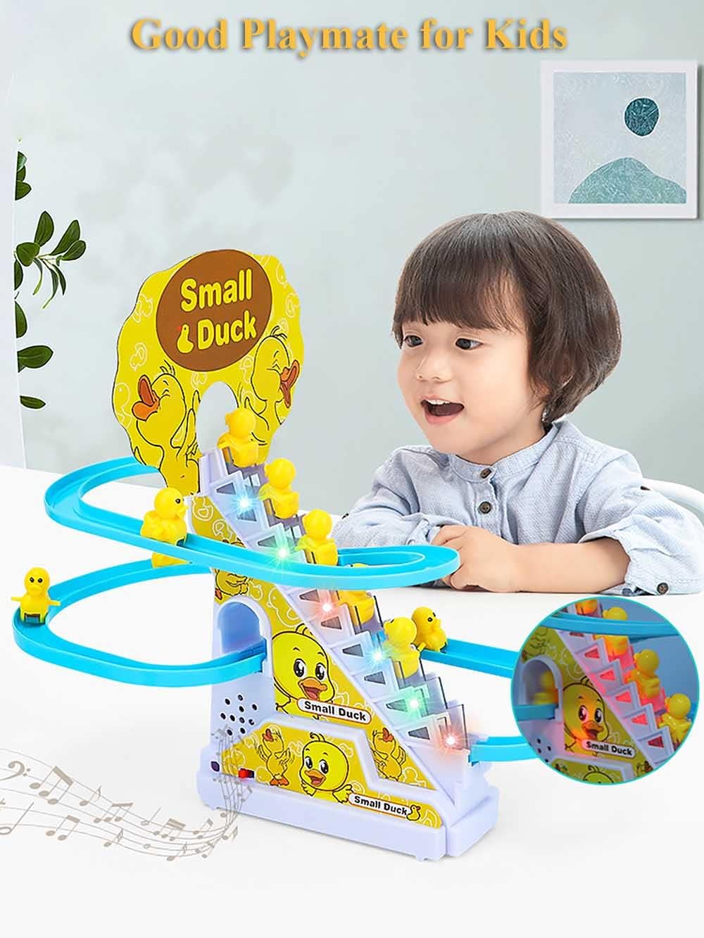 Small Duck Electric Climbing Stairs Toy – Musical Escalator Toy with Track, Lights & Sound | Battery Operated Kids Toy